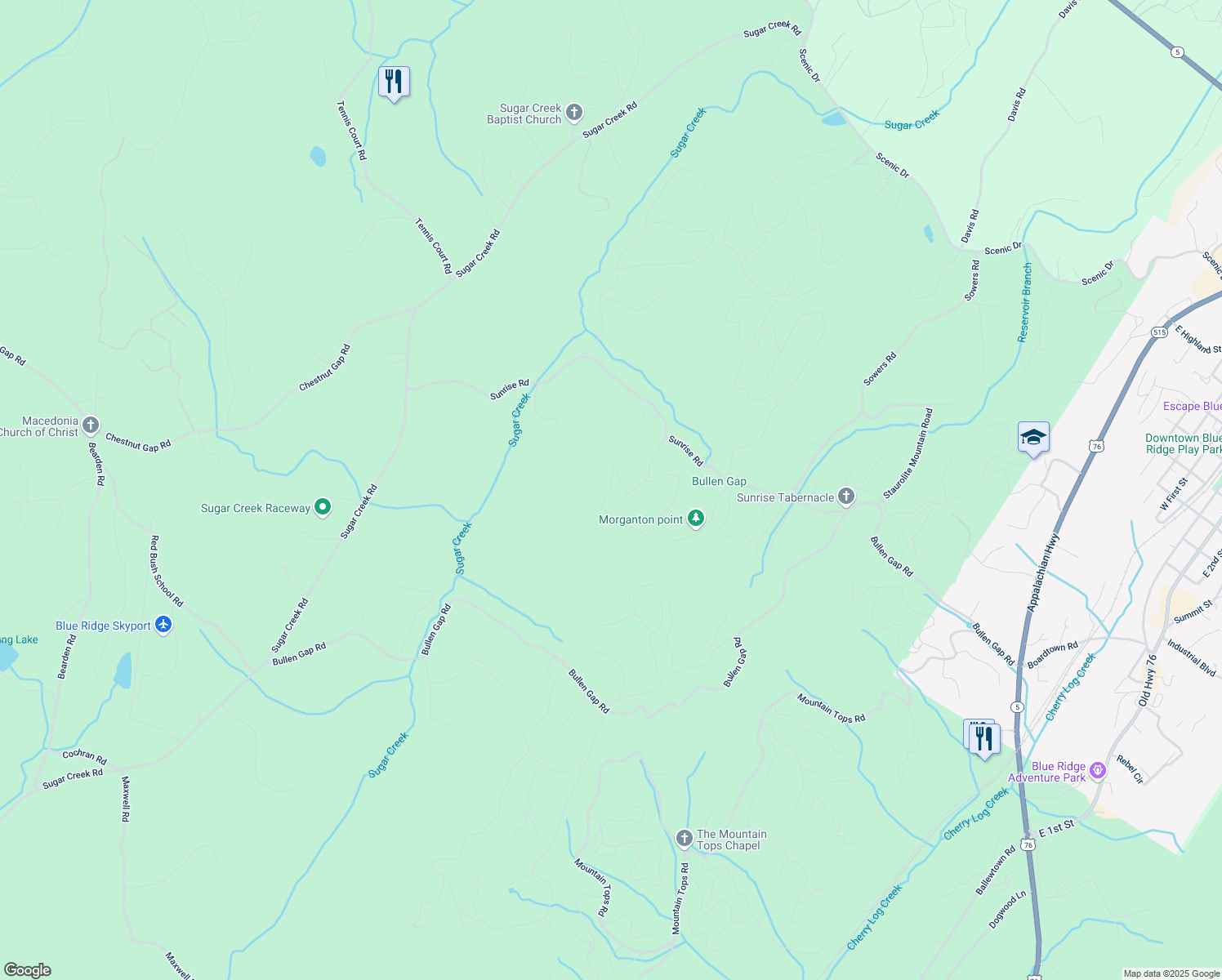 map of restaurants, bars, coffee shops, grocery stores, and more near 213 Moonshine Hollow in Blue Ridge