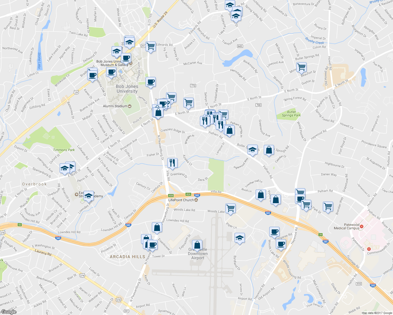 map of restaurants, bars, coffee shops, grocery stores, and more near 15 Conway Drive in Greenville
