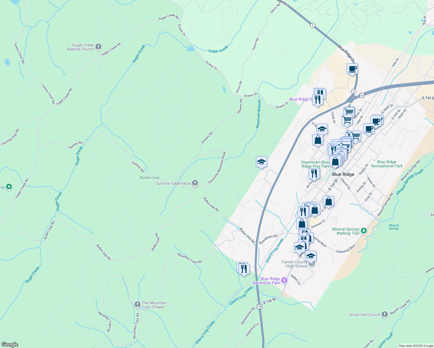 map of restaurants, bars, coffee shops, grocery stores, and more near 78 Long View Lane in Blue Ridge