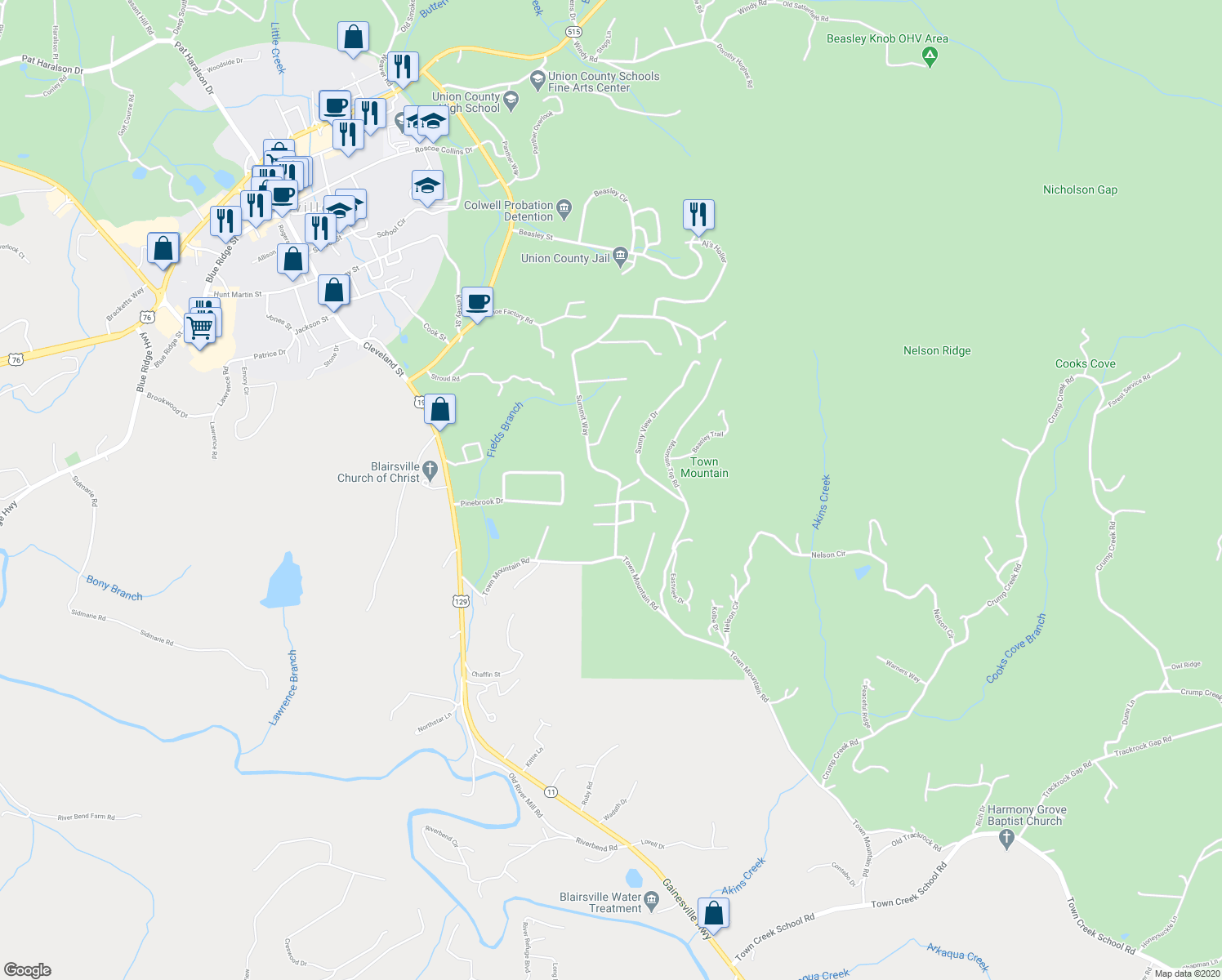 map of restaurants, bars, coffee shops, grocery stores, and more near 970 Summit Way in Blairsville