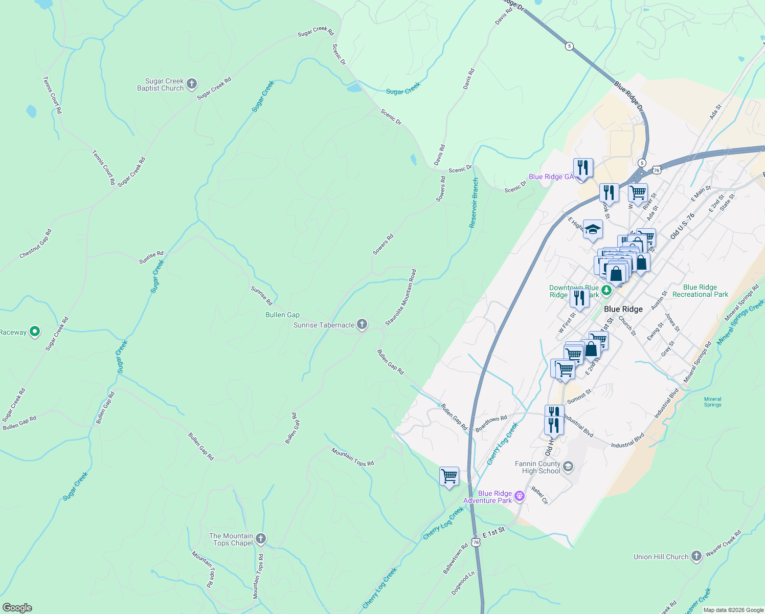 map of restaurants, bars, coffee shops, grocery stores, and more near Long View Lane in Blue Ridge