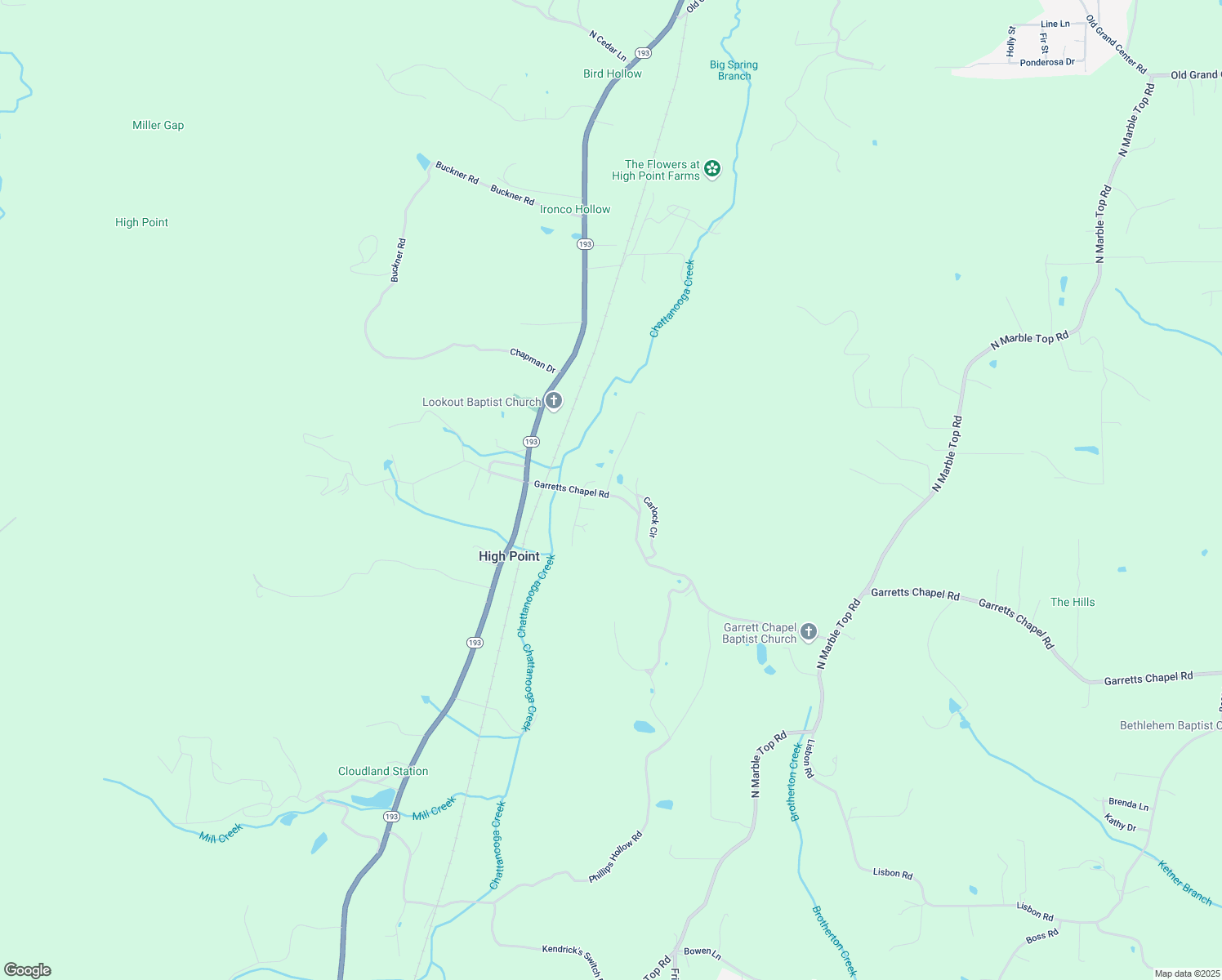 map of restaurants, bars, coffee shops, grocery stores, and more near 4046 Garretts Chapel Road in Chickamauga