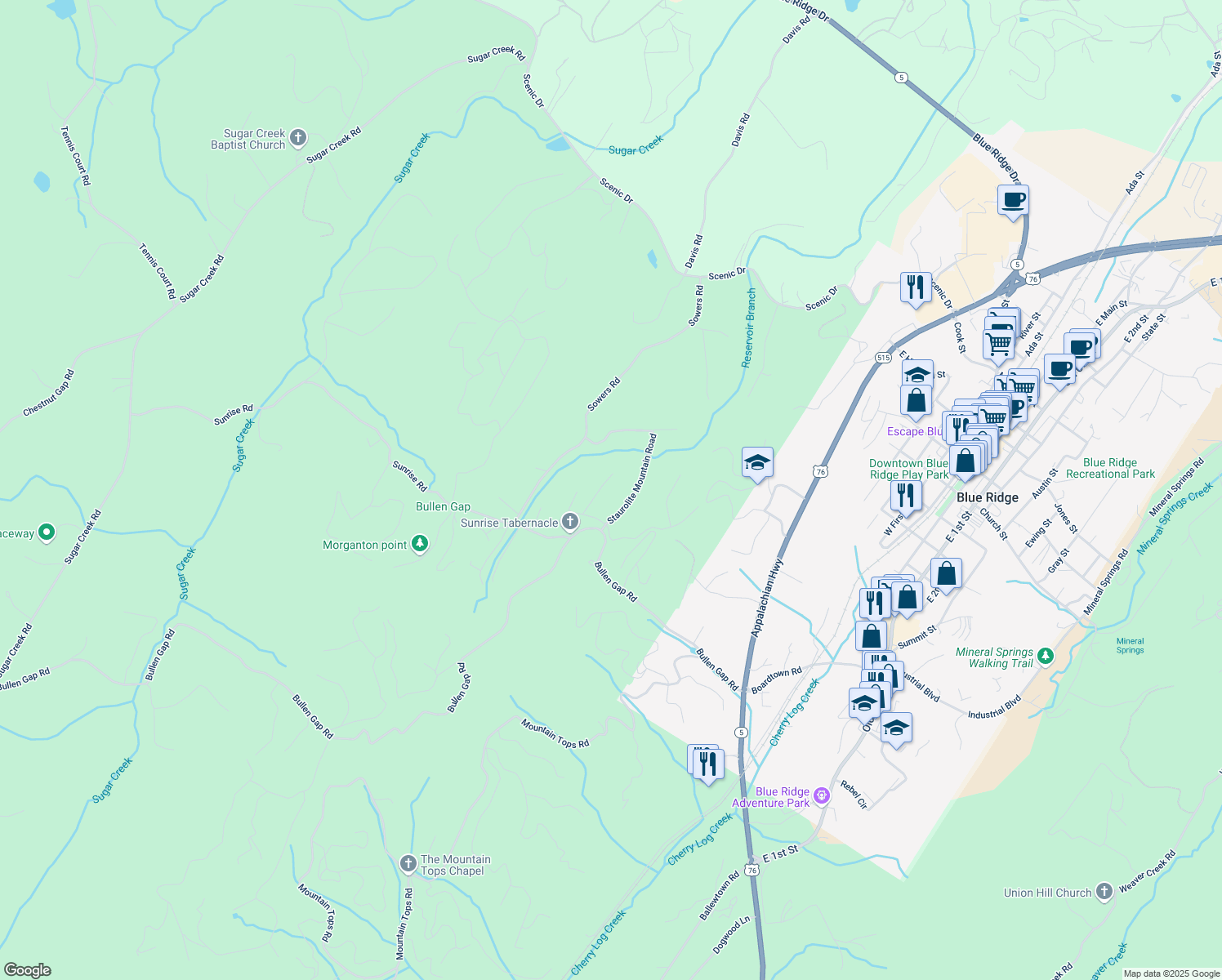 map of restaurants, bars, coffee shops, grocery stores, and more near 78 Long View Lane in Blue Ridge