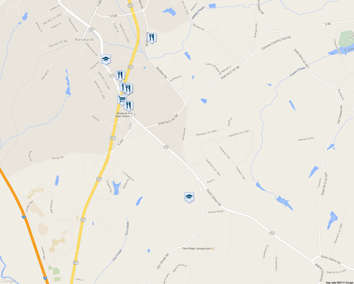 map of restaurants, bars, coffee shops, grocery stores, and more near 180 State Road S-42-2913 in Roebuck