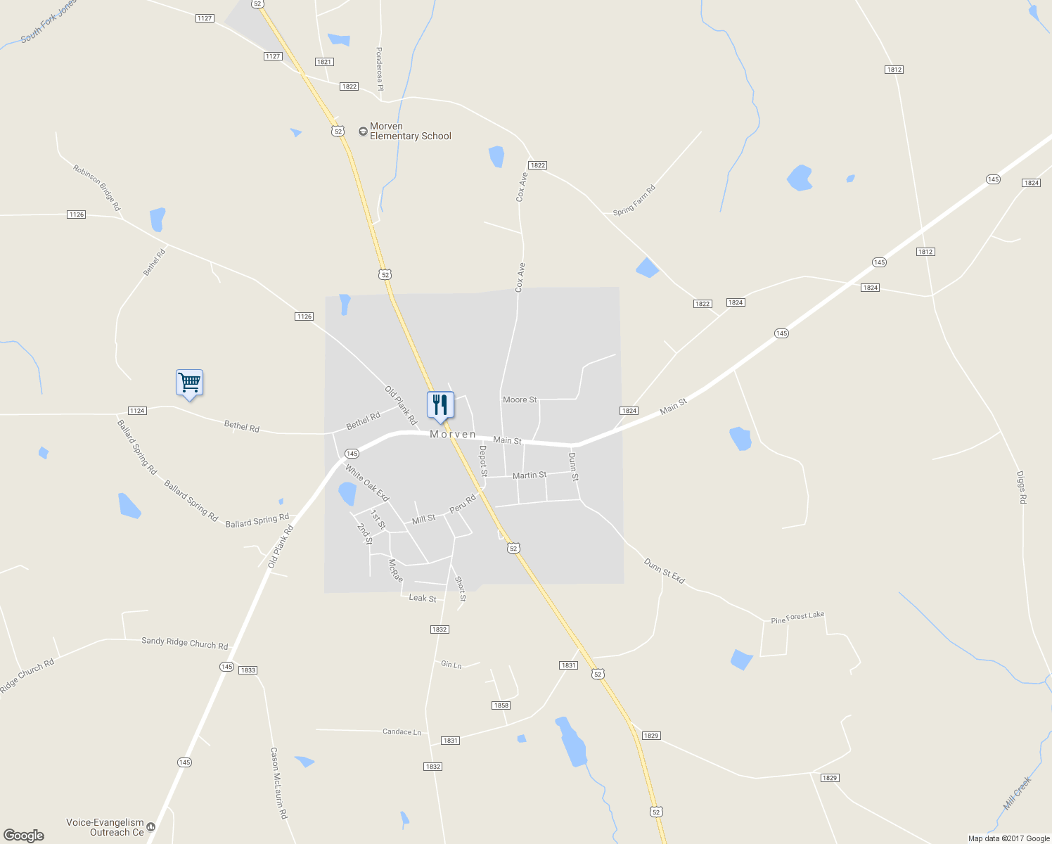 map of restaurants, bars, coffee shops, grocery stores, and more near 117 North Church Street in Morven