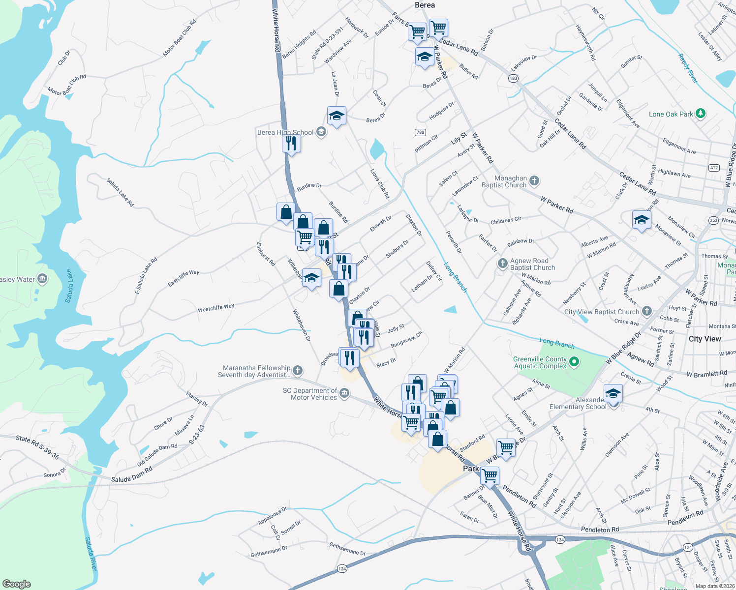map of restaurants, bars, coffee shops, grocery stores, and more near 14 Claxton Drive in Greenville