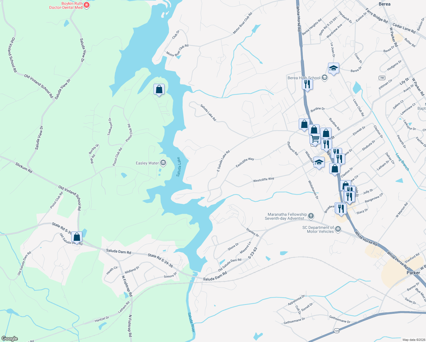 map of restaurants, bars, coffee shops, grocery stores, and more near 1616 East Saluda Lake Road in Greenville