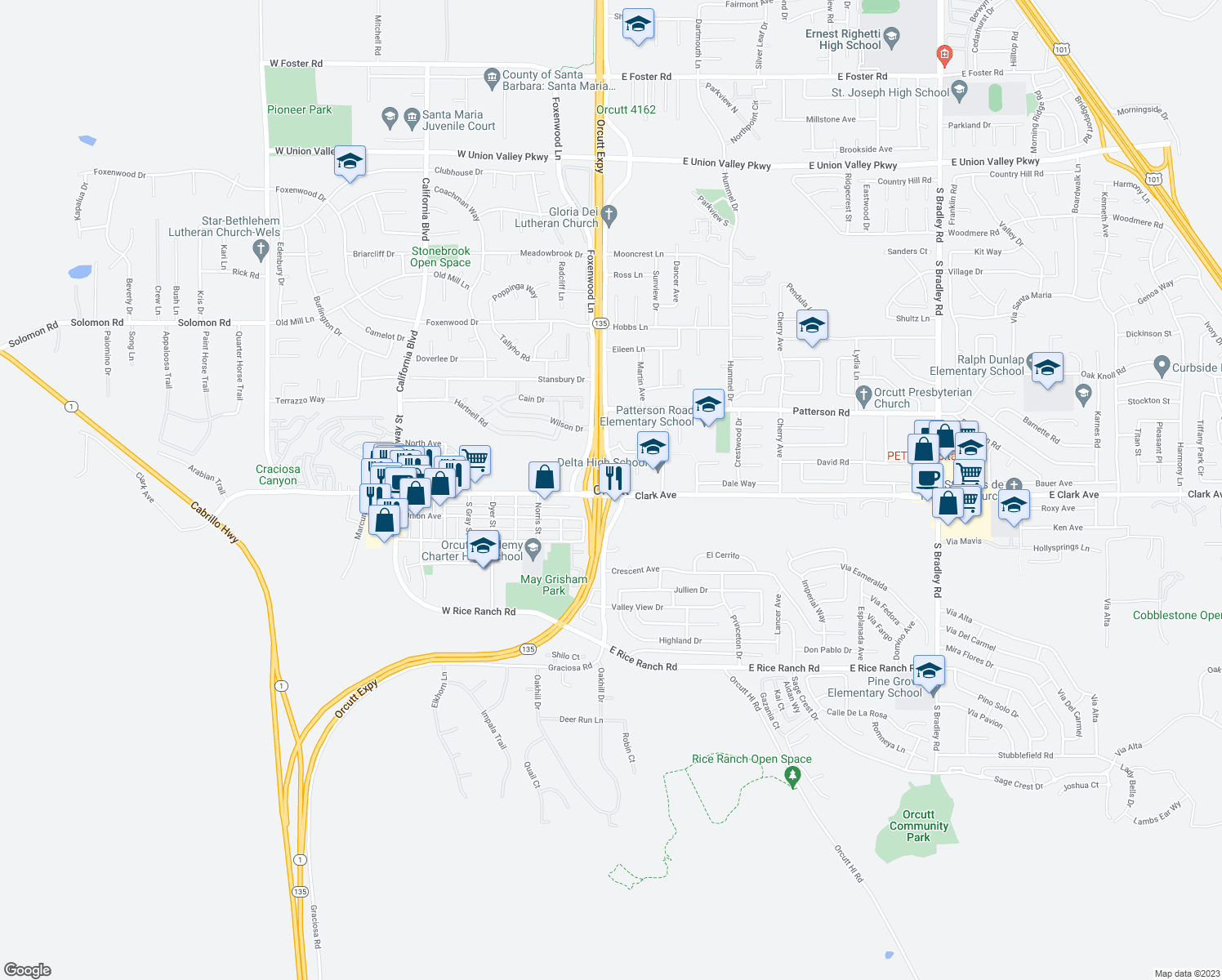 map of restaurants, bars, coffee shops, grocery stores, and more near in Orcutt