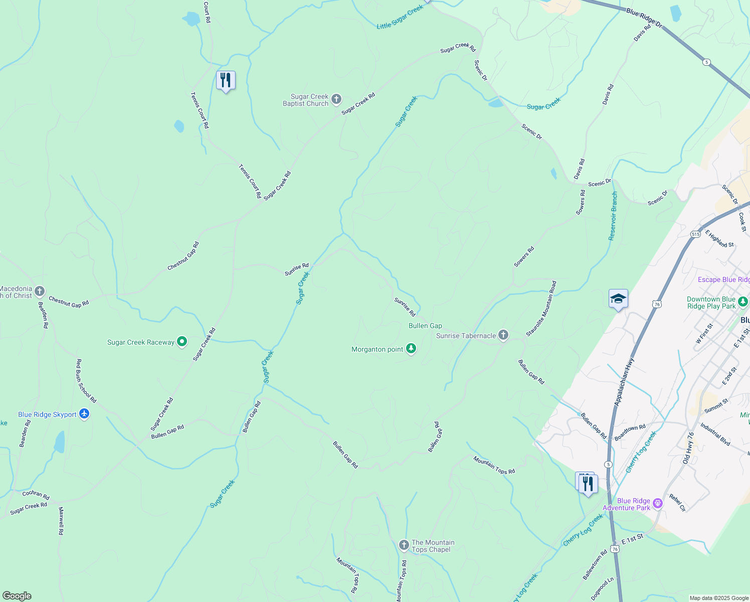 map of restaurants, bars, coffee shops, grocery stores, and more near 48 Timber Ridge in Blue Ridge