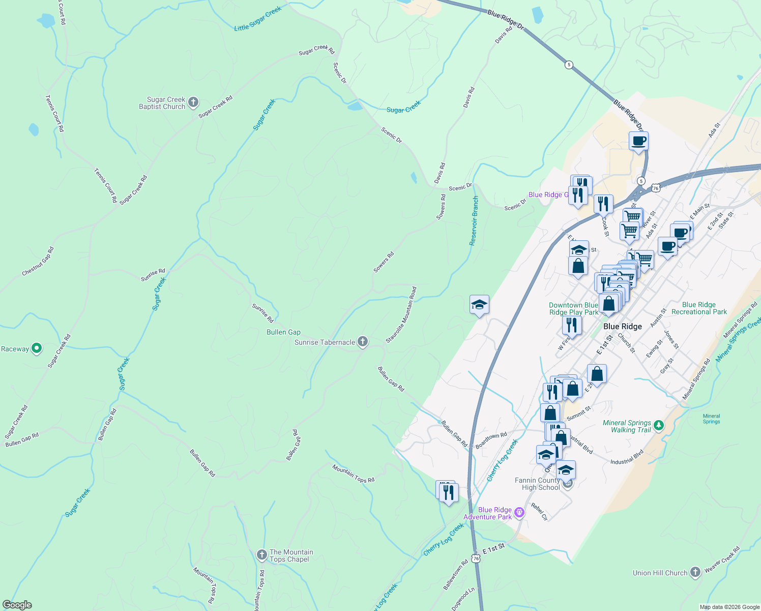 map of restaurants, bars, coffee shops, grocery stores, and more near 650 Staurolite Mountain Road in Blue Ridge