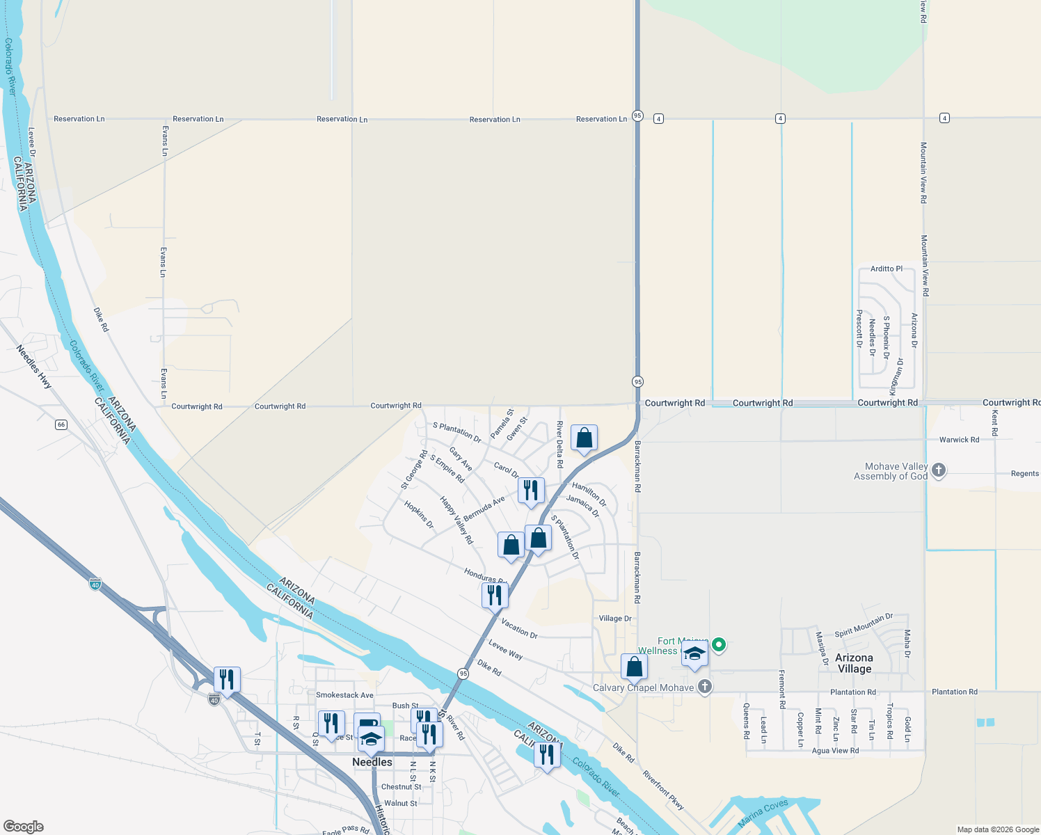 map of restaurants, bars, coffee shops, grocery stores, and more near 10039 Gwen Street in Mohave Valley