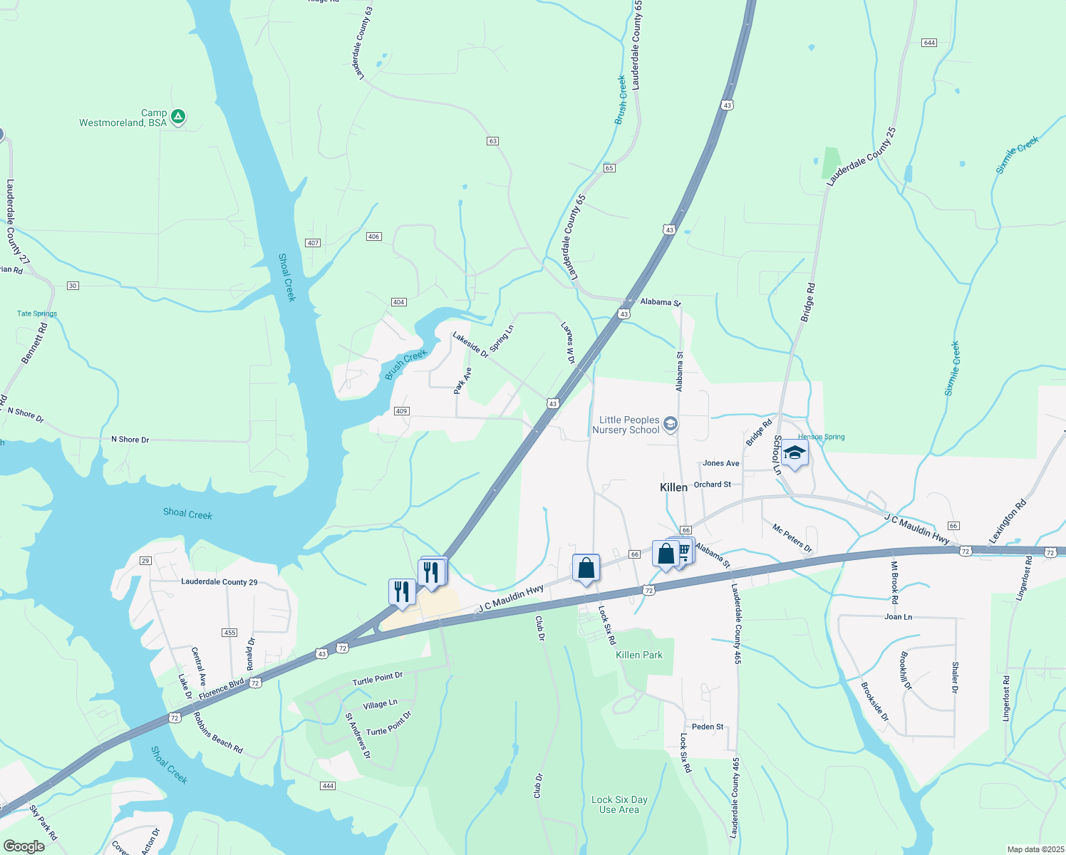 map of restaurants, bars, coffee shops, grocery stores, and more near 100 Shoals Avenue in Killen