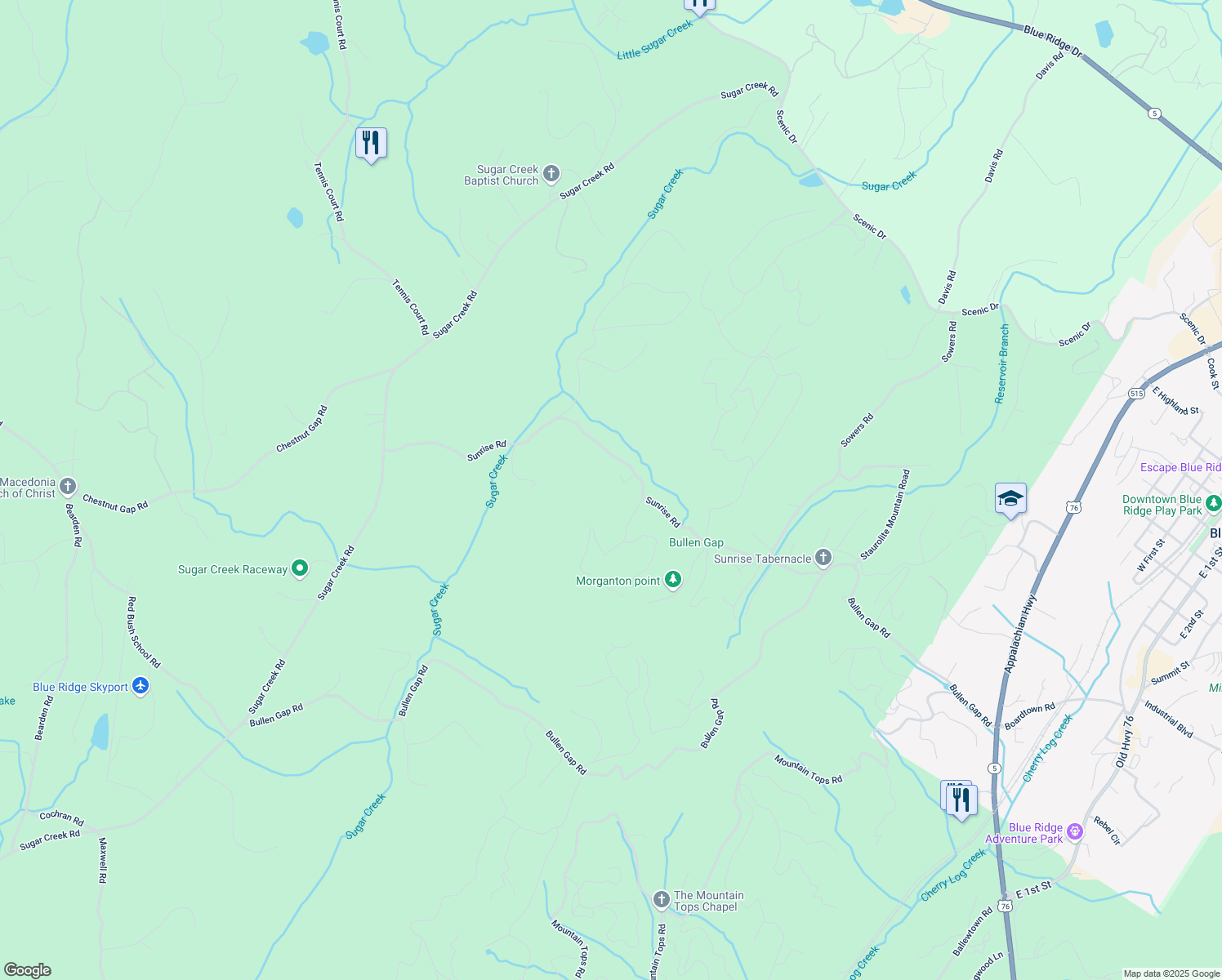 map of restaurants, bars, coffee shops, grocery stores, and more near 48 Timber Ridge in Blue Ridge