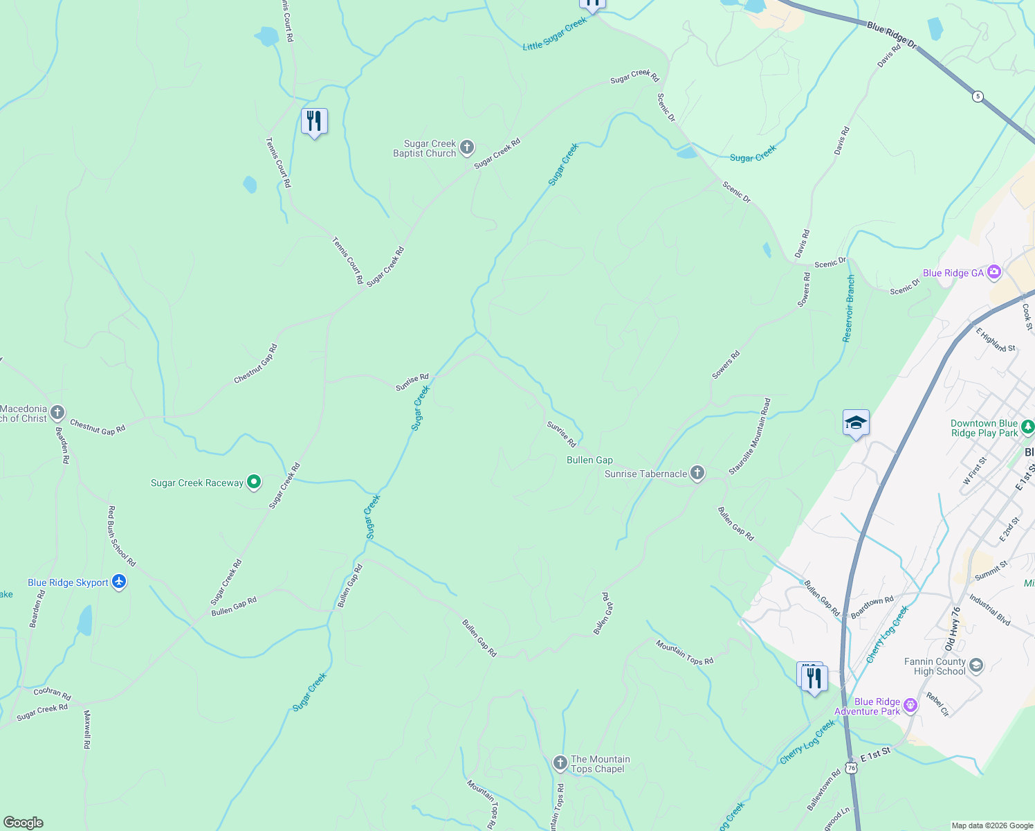map of restaurants, bars, coffee shops, grocery stores, and more near 699 Sunrise Road in Blue Ridge
