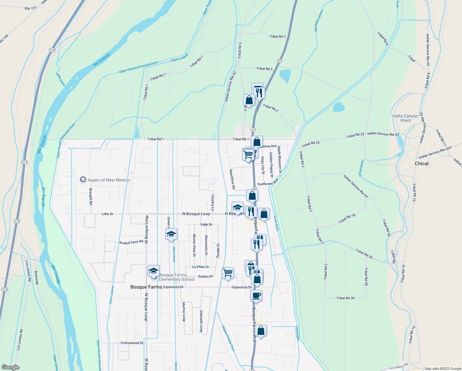 map of restaurants, bars, coffee shops, grocery stores, and more near 555 Ranchitos Road in Bosque Farms