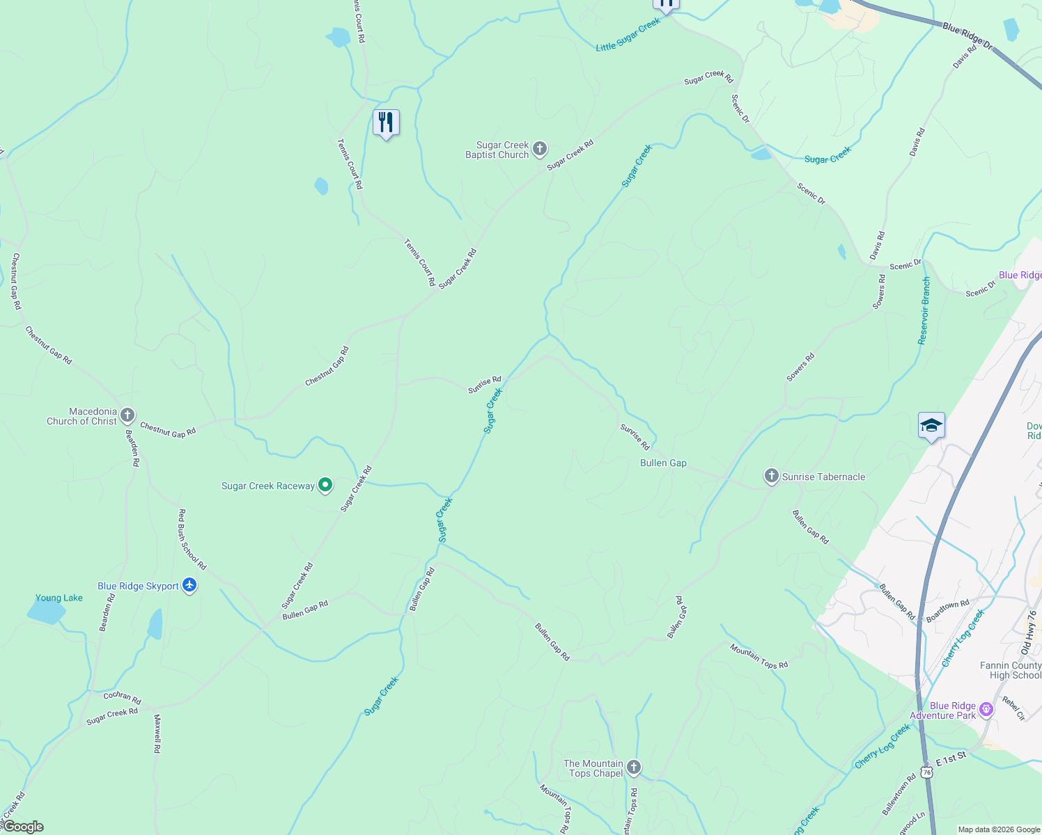map of restaurants, bars, coffee shops, grocery stores, and more near 1151 Sunrise Road in Blue Ridge