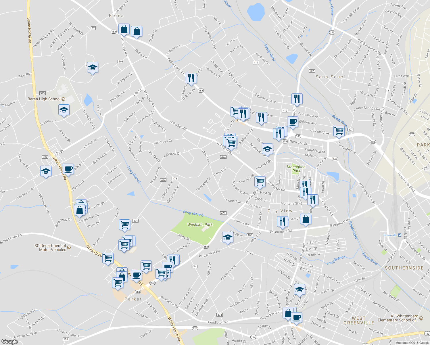 map of restaurants, bars, coffee shops, grocery stores, and more near 106 Forest Circle in Greenville