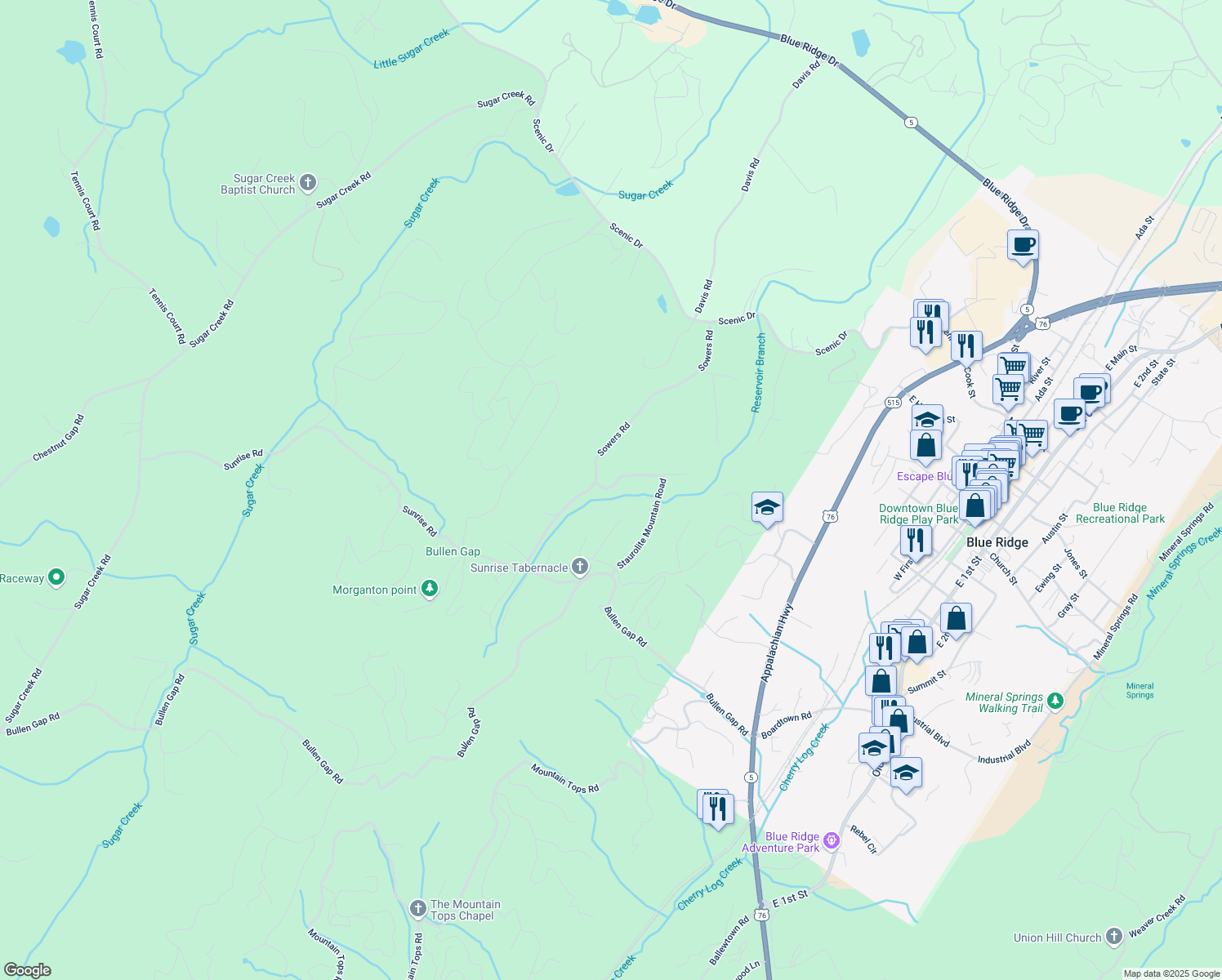 map of restaurants, bars, coffee shops, grocery stores, and more near 40 Staurolite Mountain Road in Fannin County