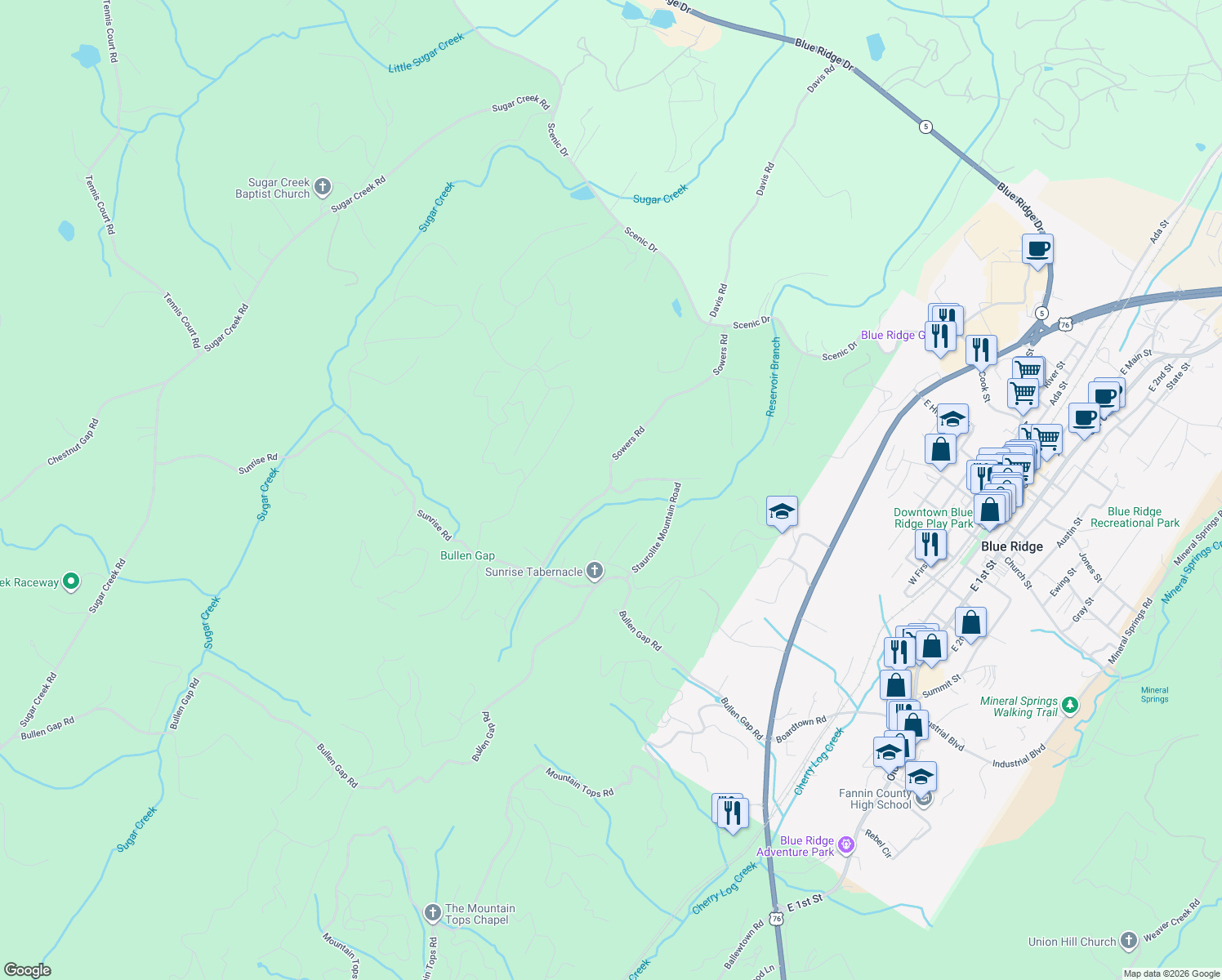 map of restaurants, bars, coffee shops, grocery stores, and more near 650 Staurolite Mountain Road in Blue Ridge