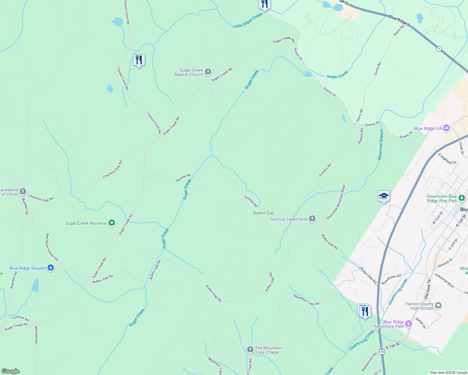 map of restaurants, bars, coffee shops, grocery stores, and more near 699 Sunrise Road in Blue Ridge