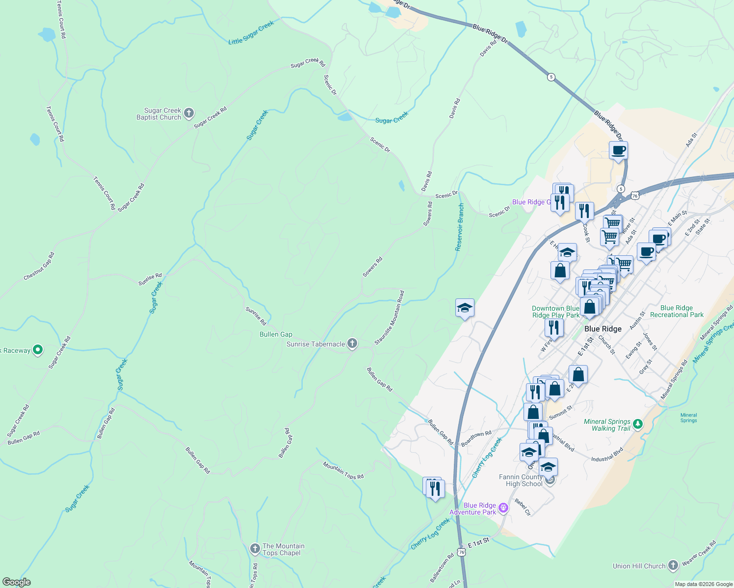 map of restaurants, bars, coffee shops, grocery stores, and more near 650 Staurolite Mountain Road in Blue Ridge