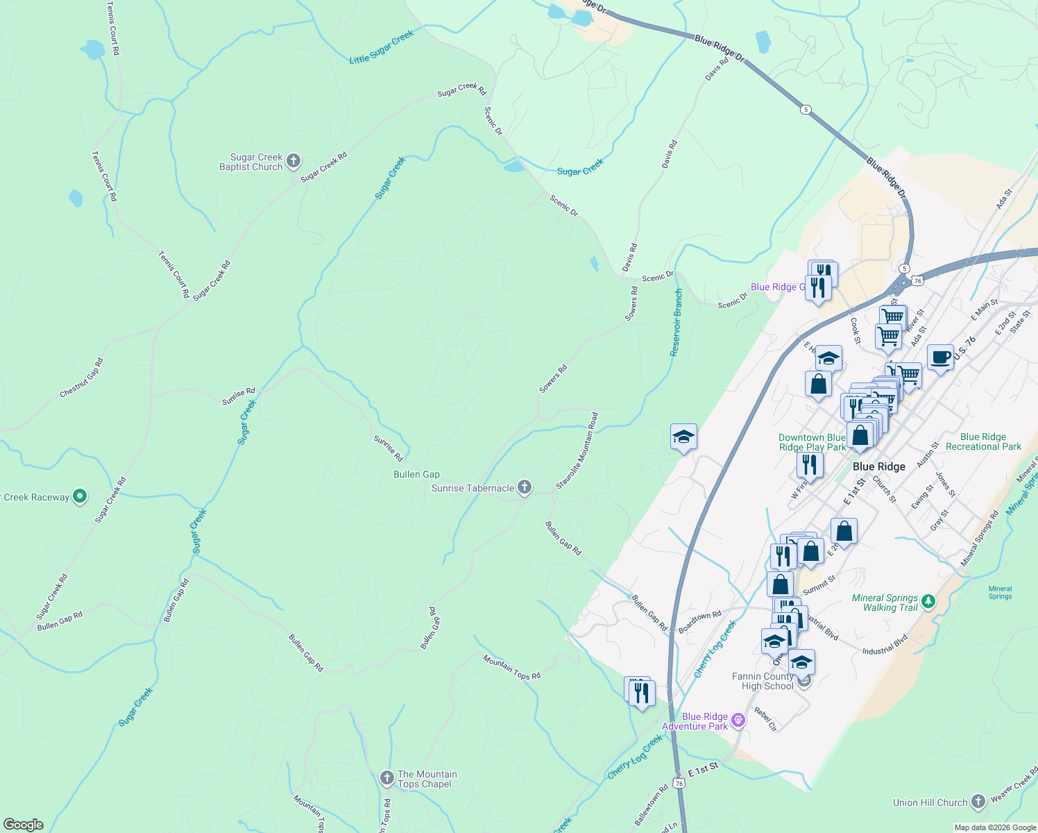 map of restaurants, bars, coffee shops, grocery stores, and more near 792 Sowers Road in Blue Ridge