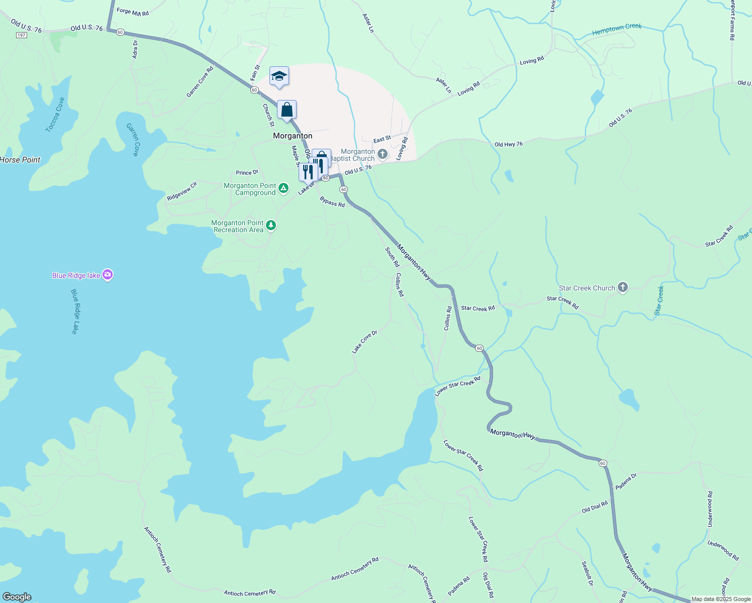 map of restaurants, bars, coffee shops, grocery stores, and more near 156 Lake Cove Dr in Morganton