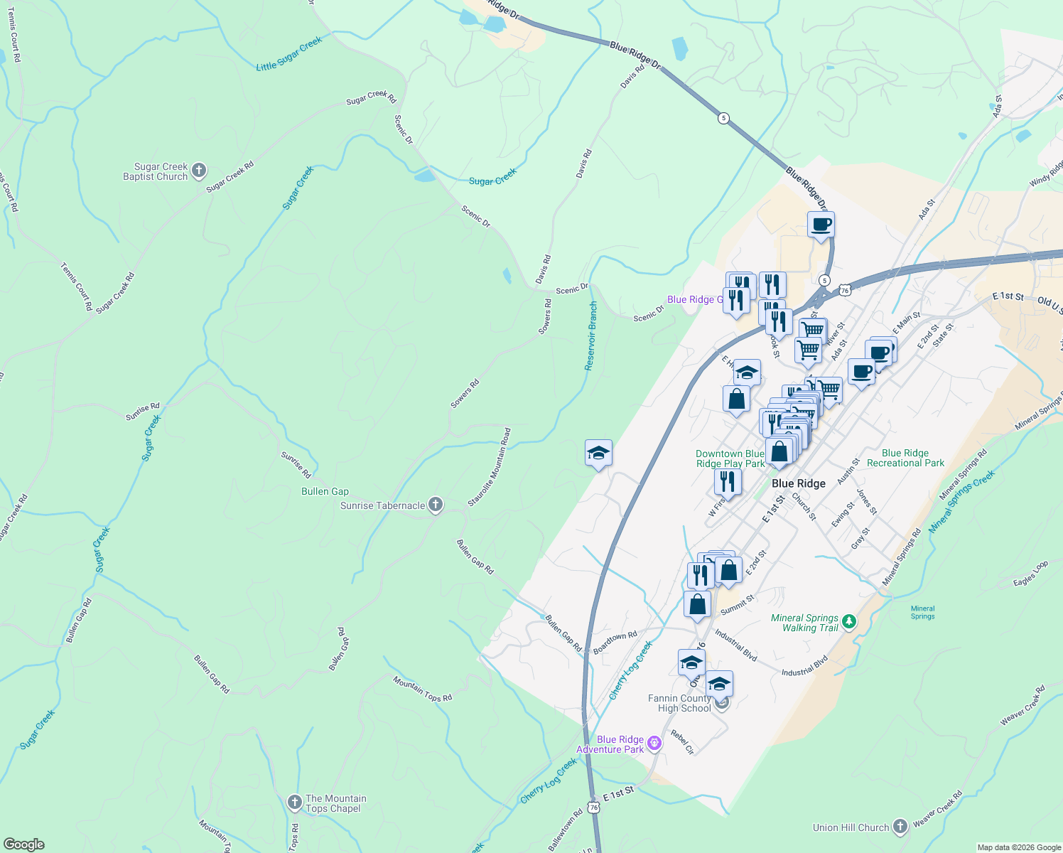 map of restaurants, bars, coffee shops, grocery stores, and more near 353 Sowers Road in Blue Ridge
