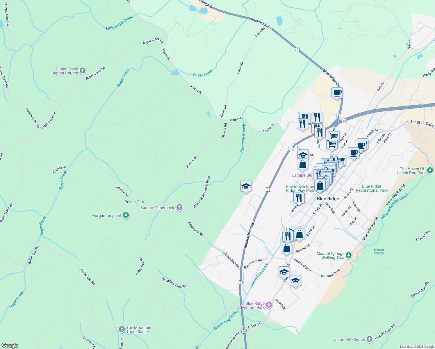 map of restaurants, bars, coffee shops, grocery stores, and more near 40 Staurolite Mountain Road in Fannin County