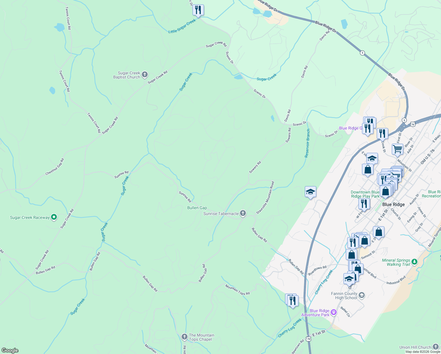 map of restaurants, bars, coffee shops, grocery stores, and more near 57 Dragonfly Drive in Blue Ridge