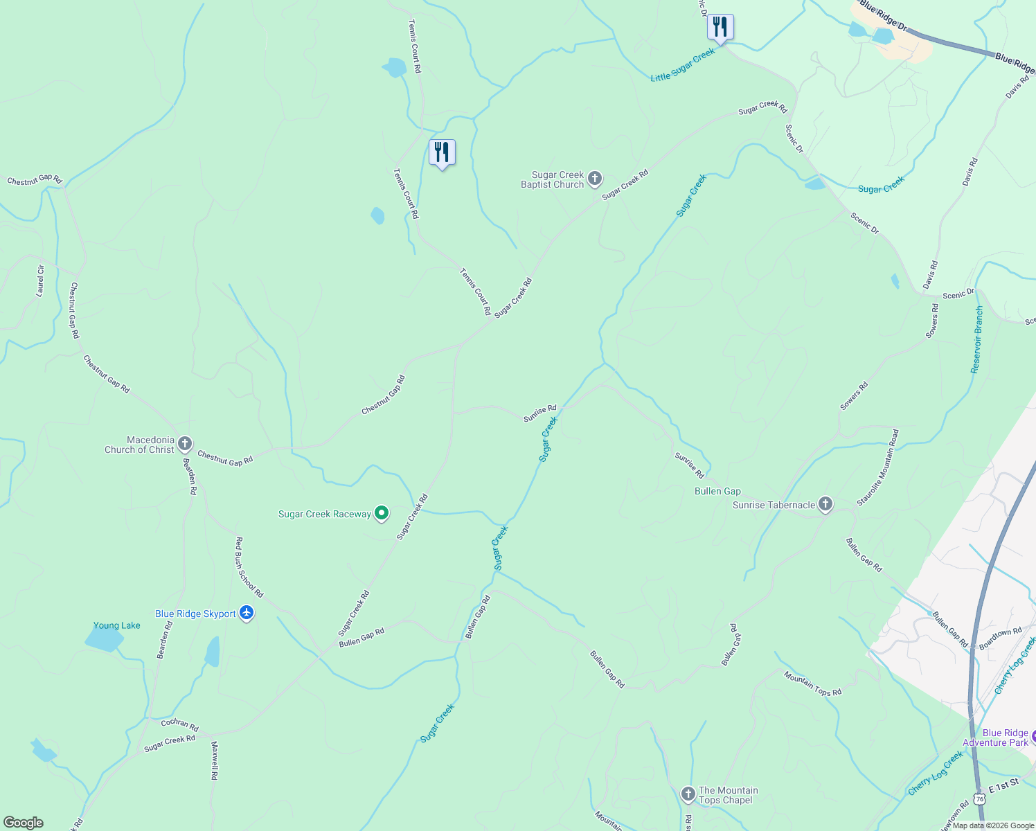 map of restaurants, bars, coffee shops, grocery stores, and more near 1340 Sunrise Road in Blue Ridge