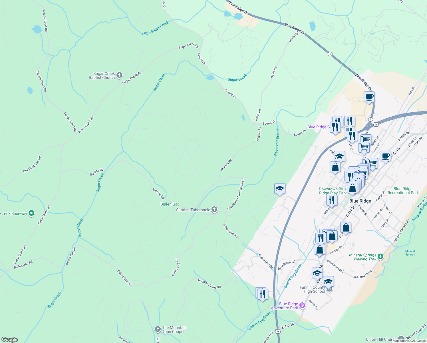 map of restaurants, bars, coffee shops, grocery stores, and more near 792 Sowers Road in Blue Ridge