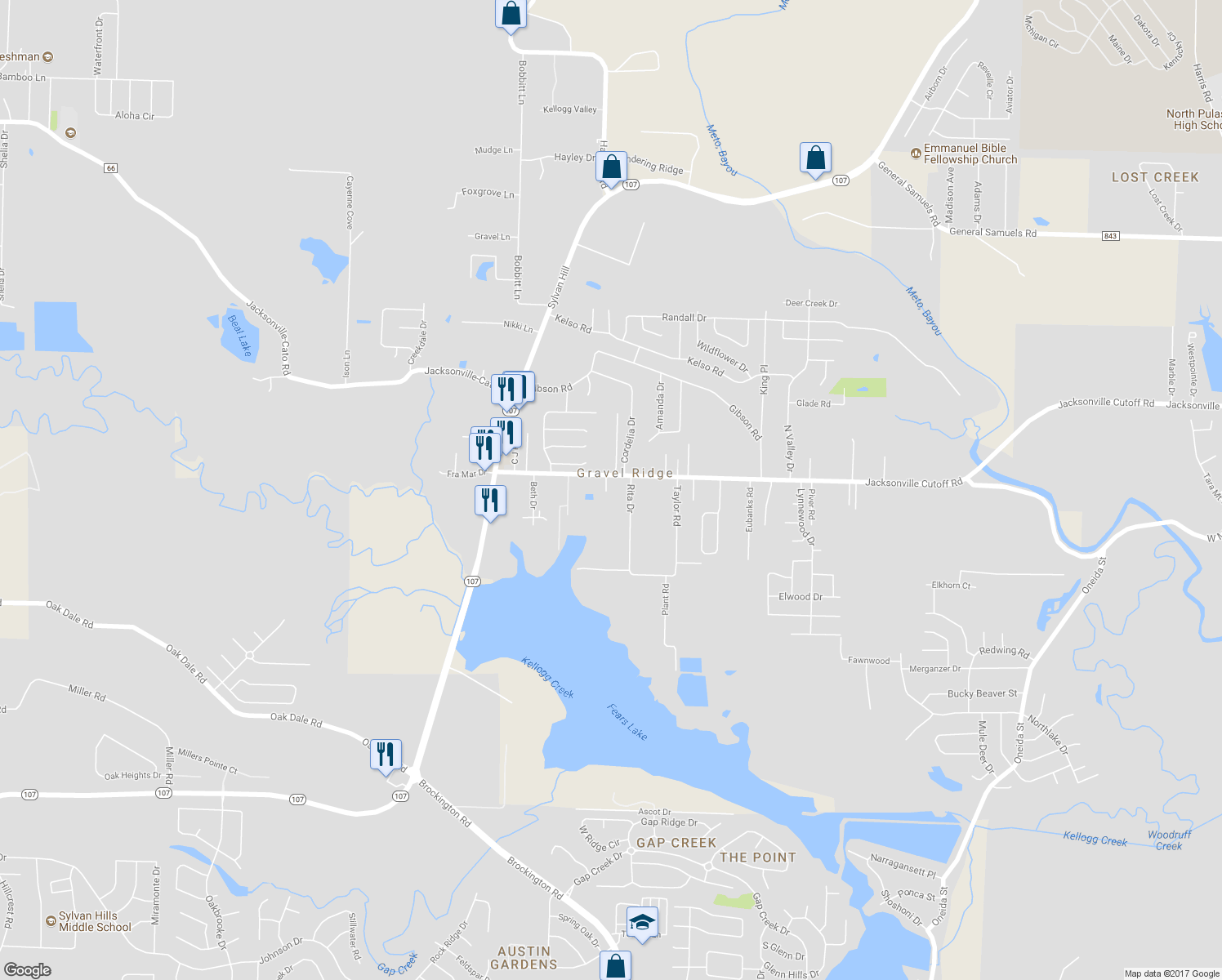 map of restaurants, bars, coffee shops, grocery stores, and more near 7413 Jacksonville Cutoff Road in Jacksonville