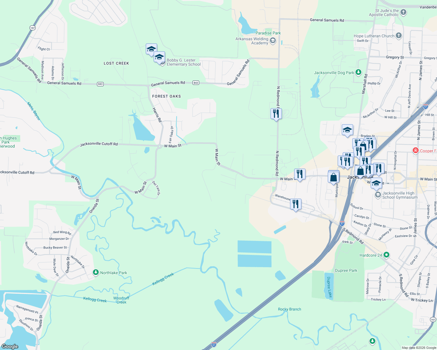 map of restaurants, bars, coffee shops, grocery stores, and more near 3513 North Ridge Drive in Jacksonville