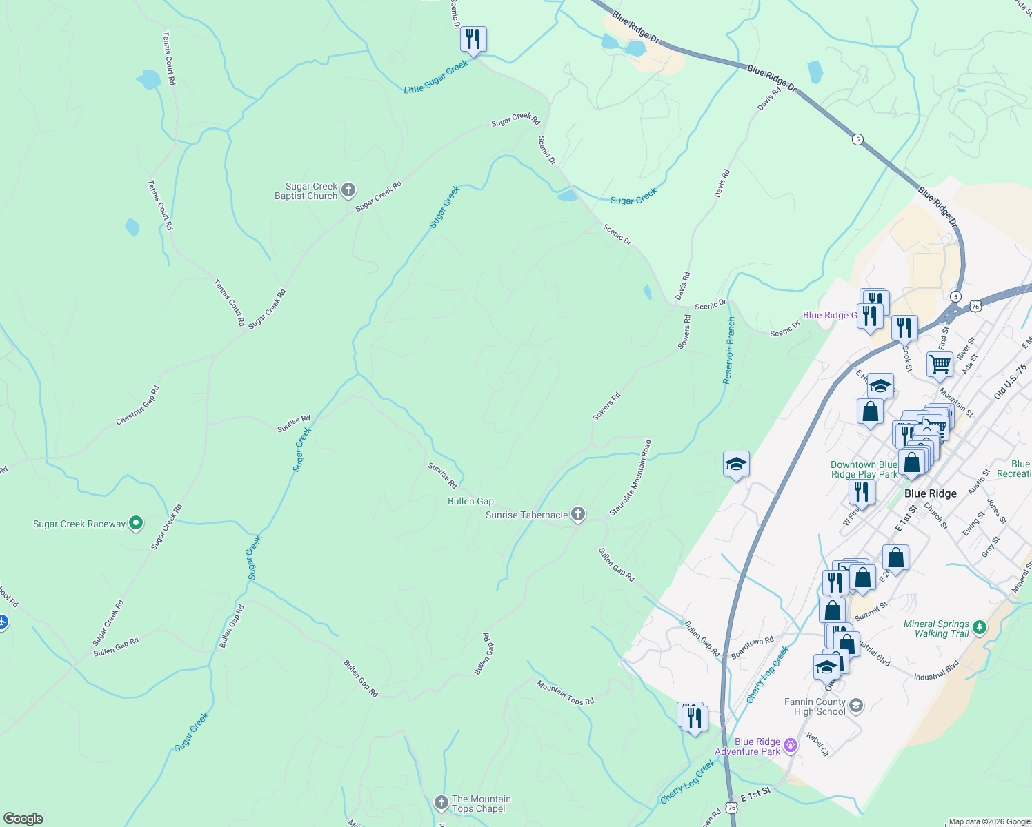 map of restaurants, bars, coffee shops, grocery stores, and more near 57 Dragonfly Drive in Blue Ridge