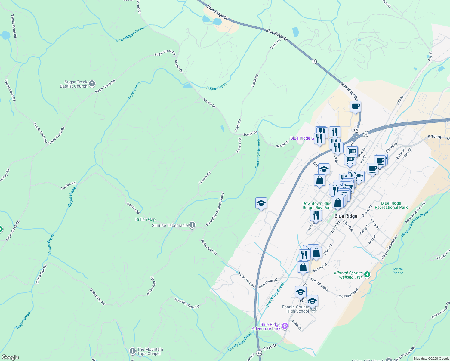 map of restaurants, bars, coffee shops, grocery stores, and more near 353 Sowers Road in Blue Ridge