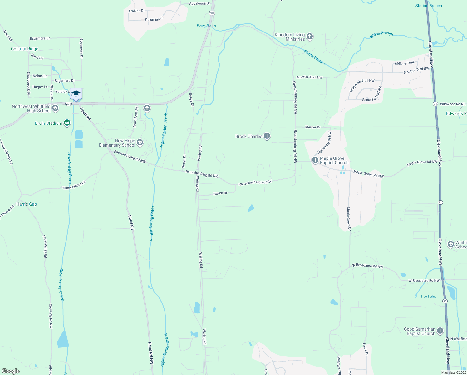 map of restaurants, bars, coffee shops, grocery stores, and more near 3015 Rauschenberg Road Northwest in Dalton