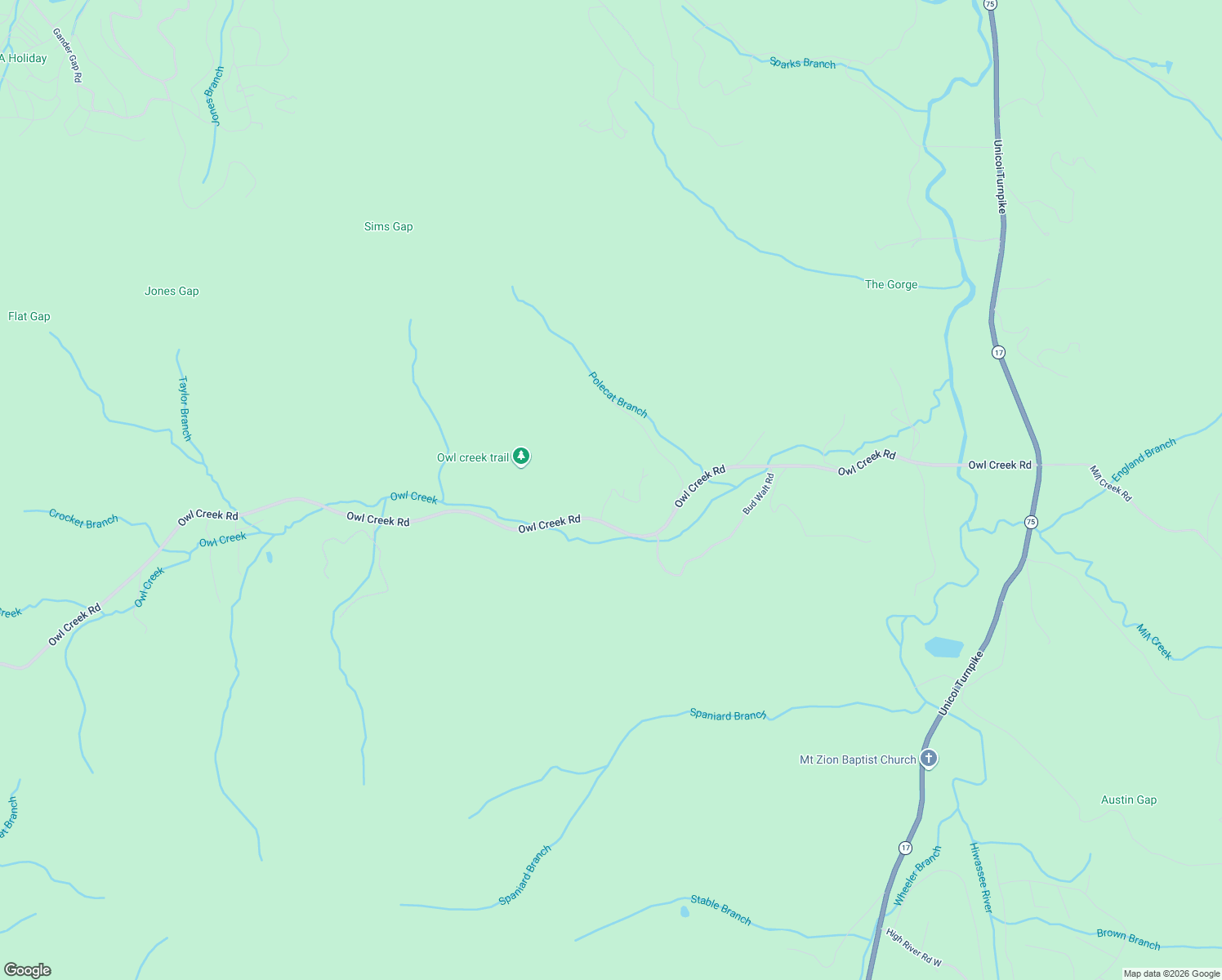 map of restaurants, bars, coffee shops, grocery stores, and more near 1214 Spaniard Branch Trail in Hiawassee