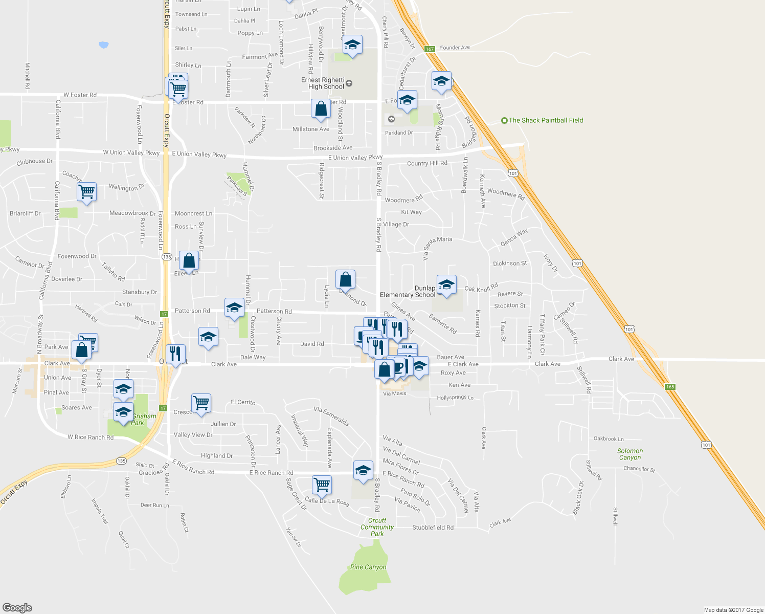map of restaurants, bars, coffee shops, grocery stores, and more near 4682 South Bradley Road in Santa Maria
