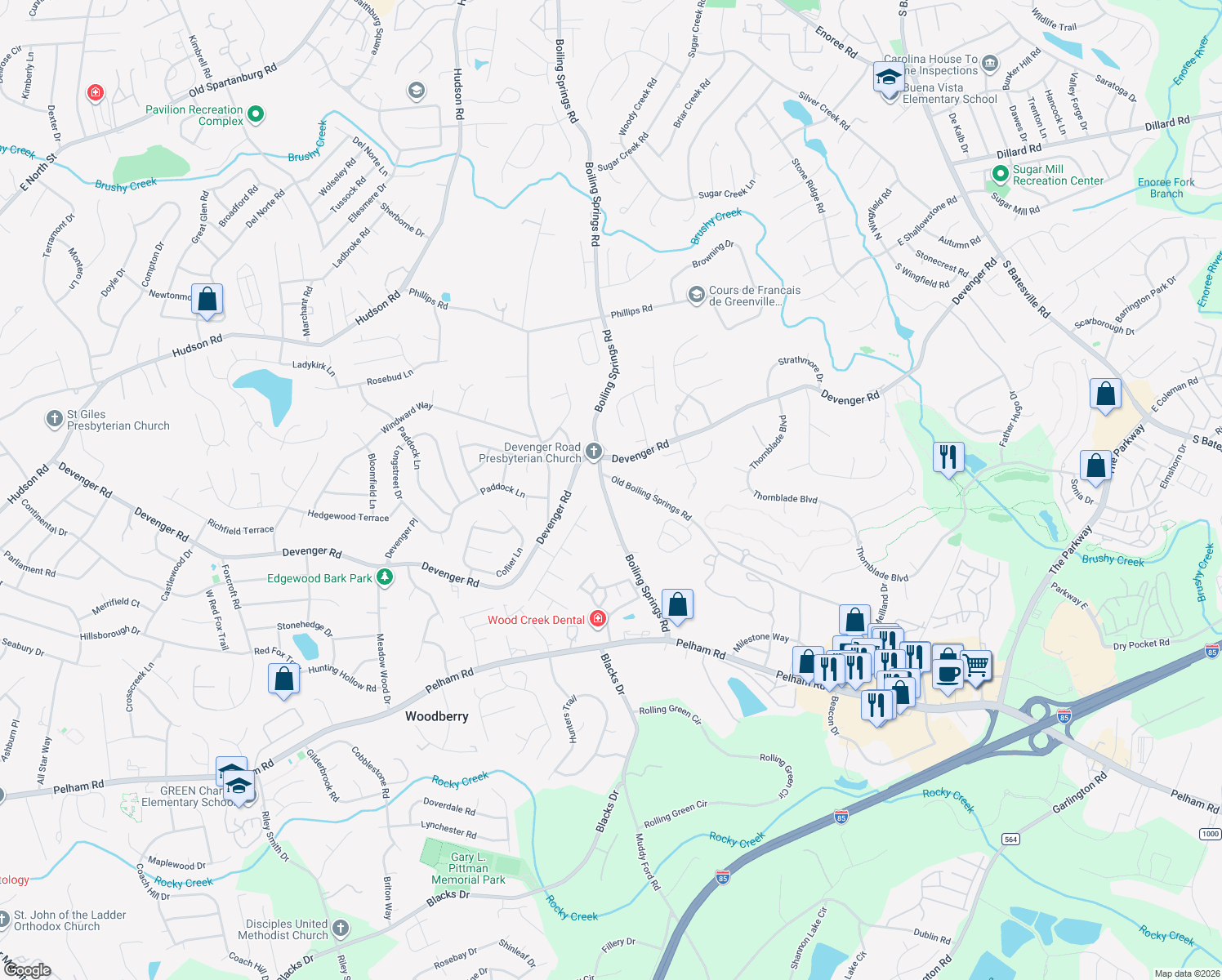 map of restaurants, bars, coffee shops, grocery stores, and more near 23776 Boiling Springs Road in Greer
