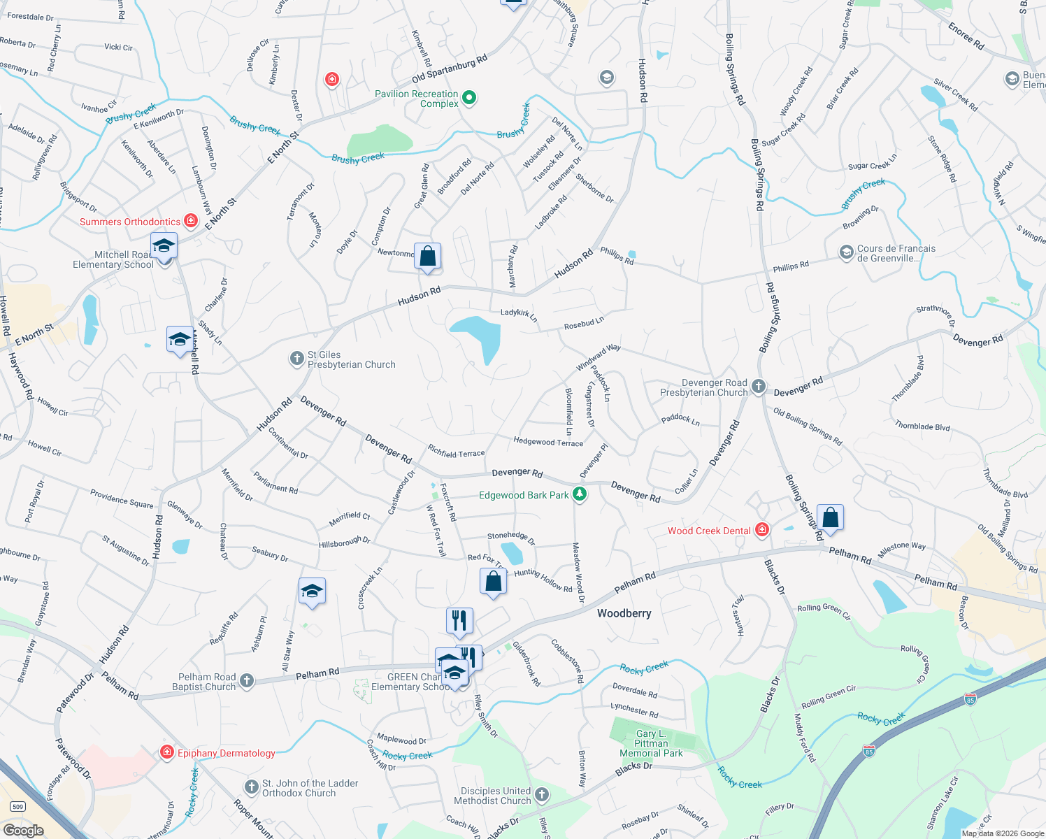 map of restaurants, bars, coffee shops, grocery stores, and more near 107 Windward Way in Greer
