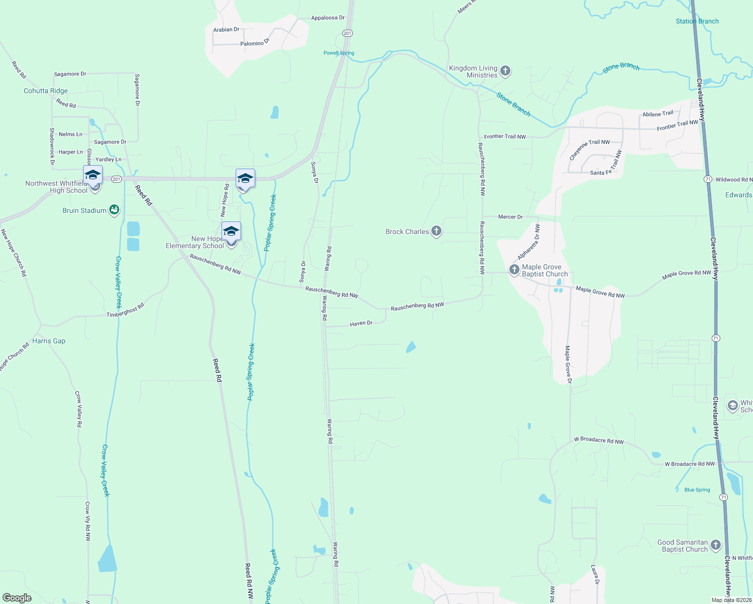 map of restaurants, bars, coffee shops, grocery stores, and more near 3015 Rauschenberg Road Northwest in Dalton