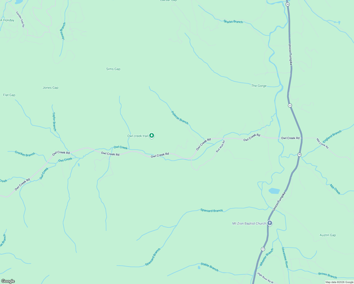 map of restaurants, bars, coffee shops, grocery stores, and more near 1214 Spaniard Branch Trail in Hiawassee