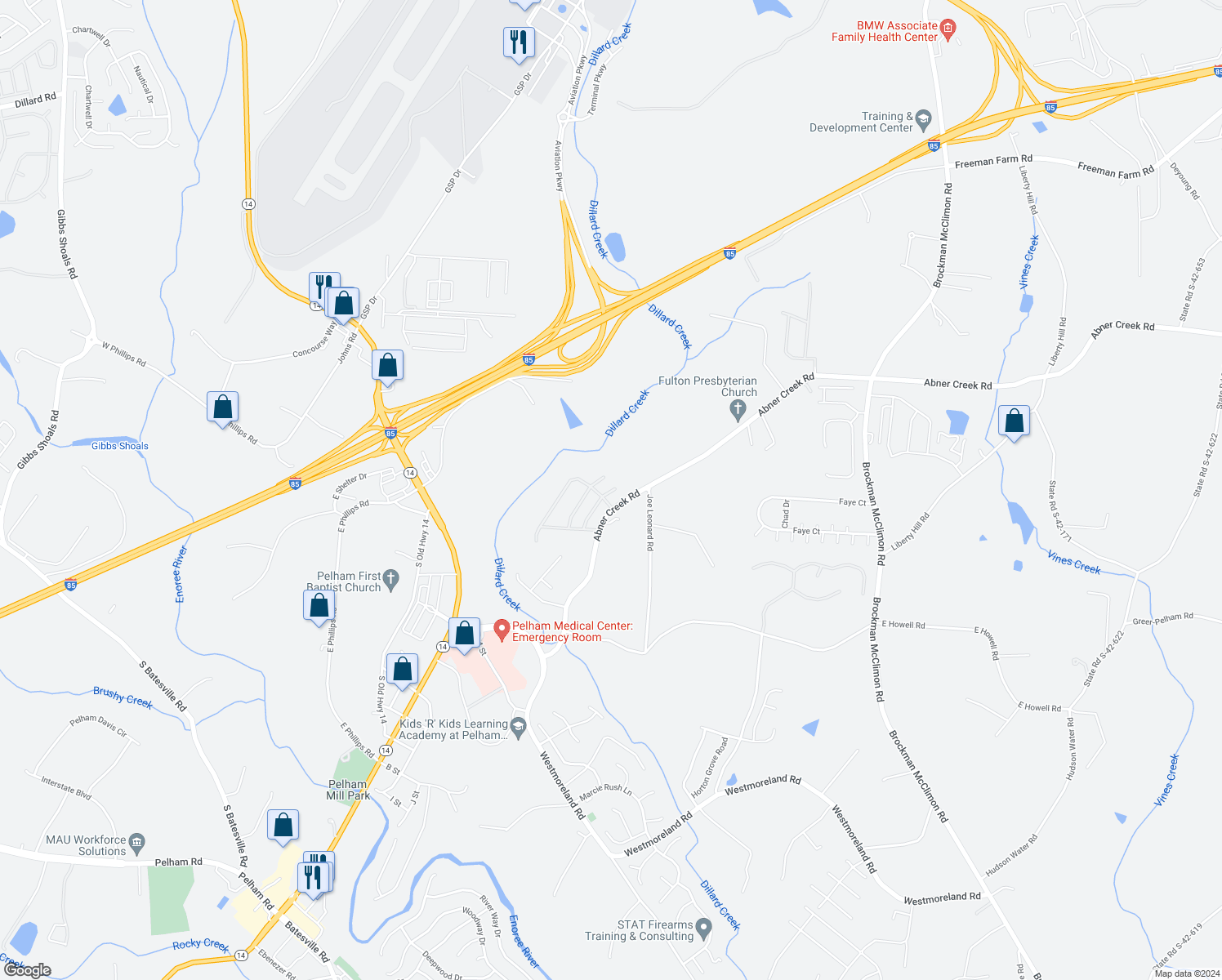 map of restaurants, bars, coffee shops, grocery stores, and more near 625 Abner Creek Road in Greer