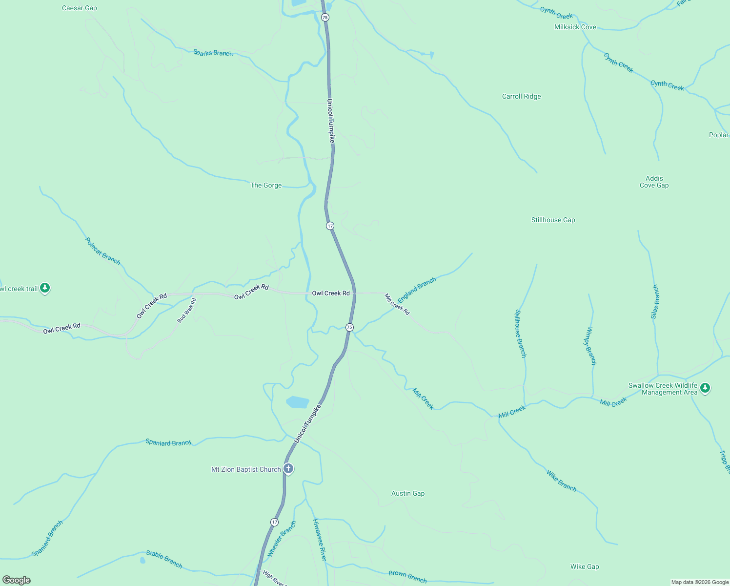 map of restaurants, bars, coffee shops, grocery stores, and more near 2403 Mill Creek Road in Hiawassee