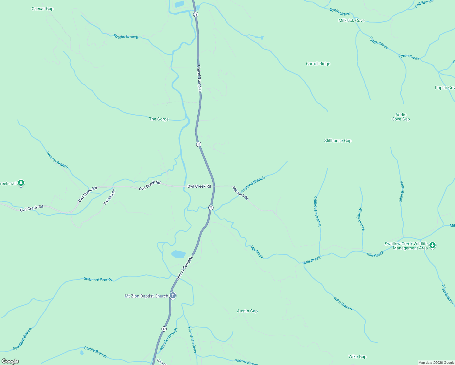 map of restaurants, bars, coffee shops, grocery stores, and more near 2403 Mill Creek Road in Hiawassee