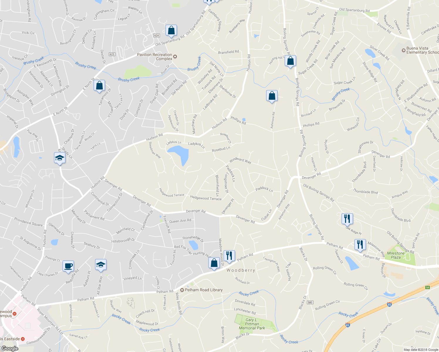 map of restaurants, bars, coffee shops, grocery stores, and more near 214 Bloomfield Ln in Greer