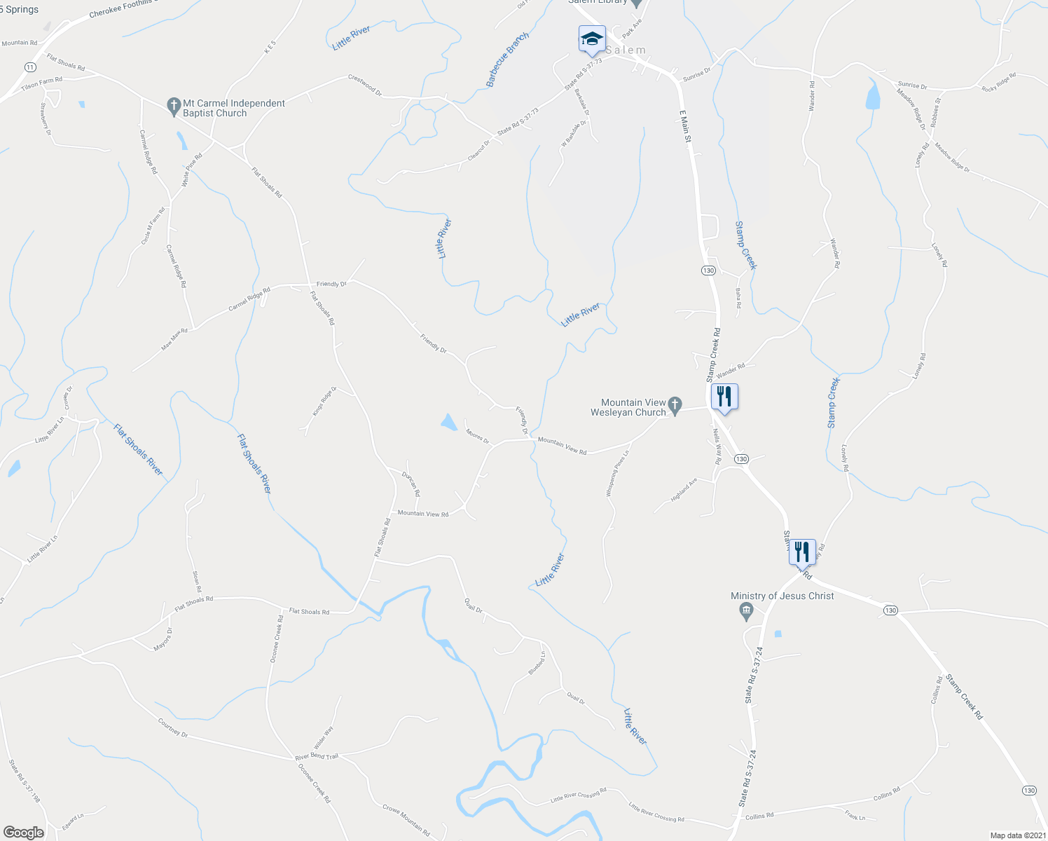 map of restaurants, bars, coffee shops, grocery stores, and more near 125 Friendly Drive in Salem