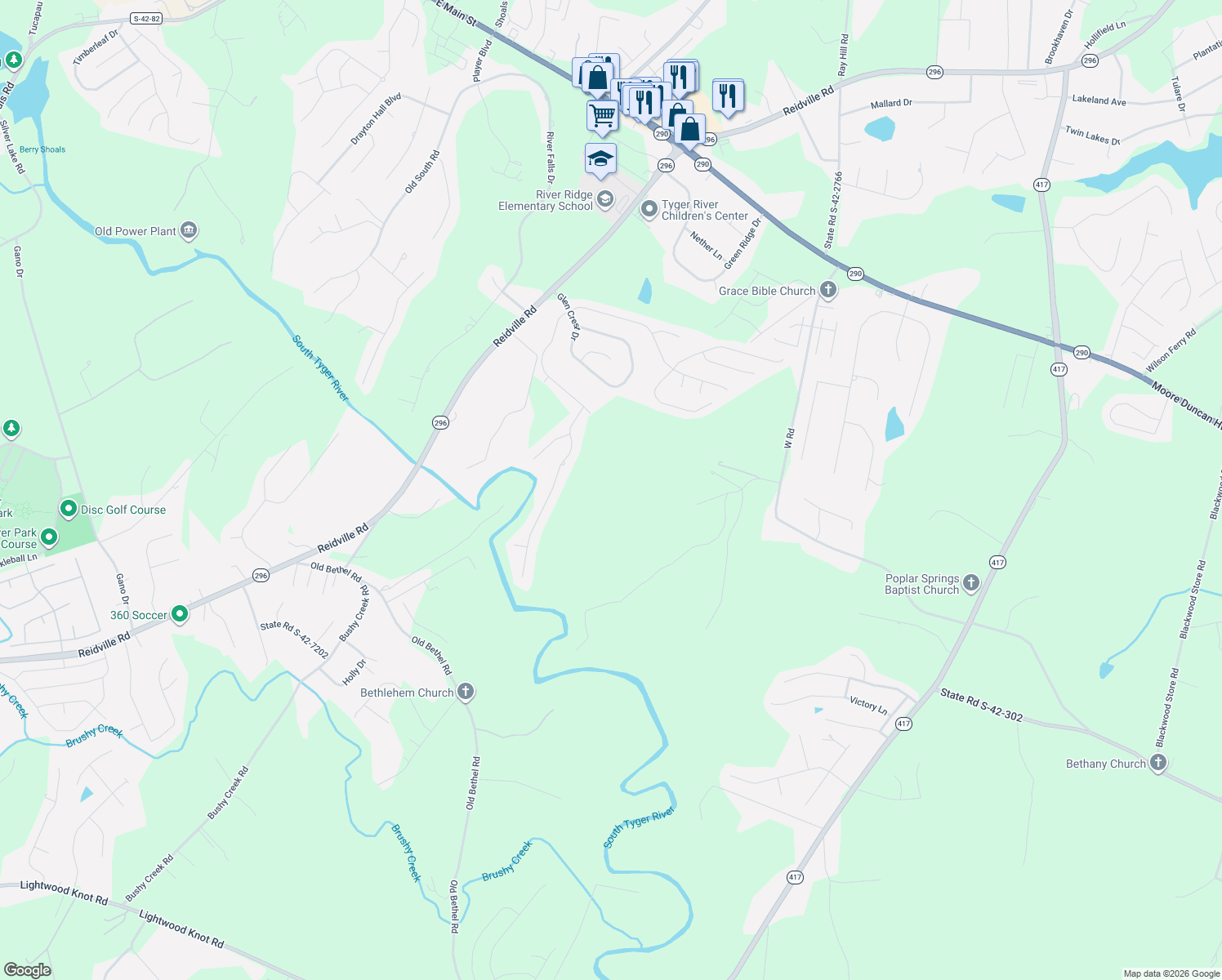 map of restaurants, bars, coffee shops, grocery stores, and more near 509 Scenic Oak Drive in Spartanburg