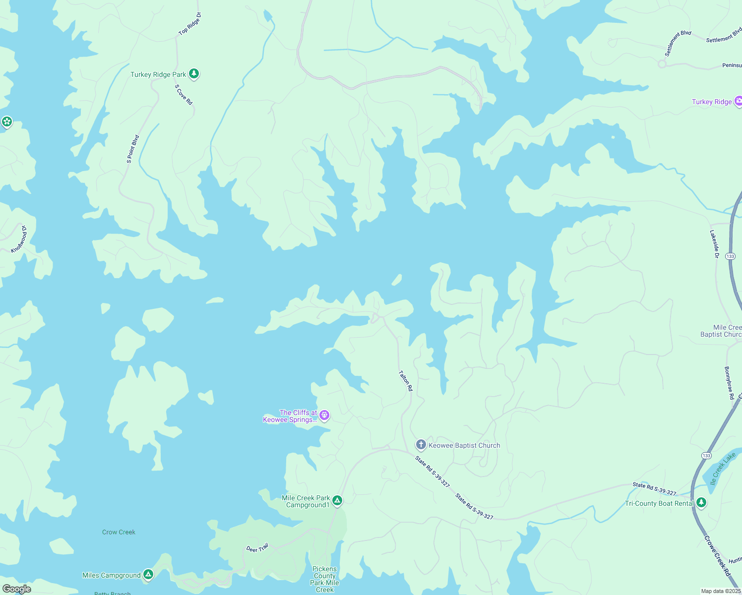 map of restaurants, bars, coffee shops, grocery stores, and more near 125 Keowee View Dr in Six Mile